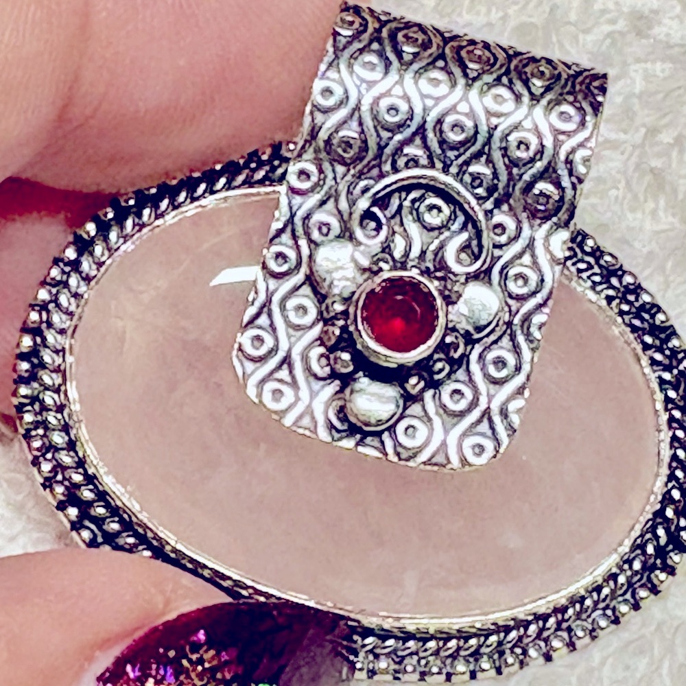 Elegant Sterling Silver and Rose Quartz and garnet  Gemstone Pendant